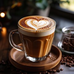 Coffee latte in a glass with heart foam latte art, on a table,Ai Generate