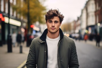 Handsome young man in a city street. Men's beauty, fashion.
