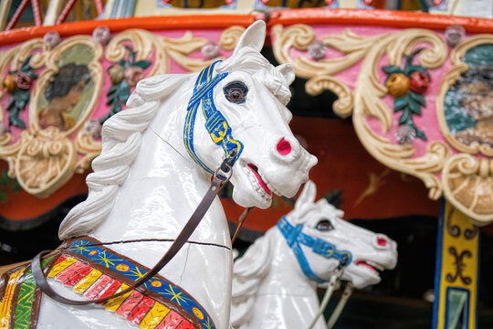 white wooden horses on a merry-go-round