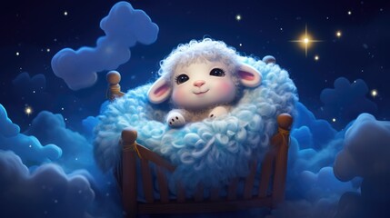 Obraz premium Dreamy lamb resting in wooden crib surrounded by glowing clouds. Night sky with stars.