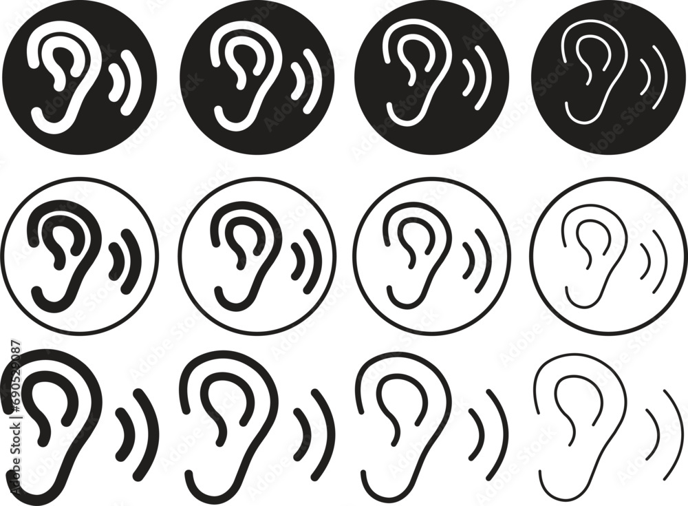 Poster set of ear vectors icons, hearing symbols. human ear listening icons in outline styles. simple, flat