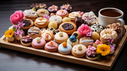 A beautifully arranged Easter dessert tray featuring a variety of mini tarts, pastries, and...