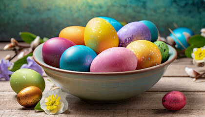 Obraz na płótnie Canvas Colorful easter eggs in a basket