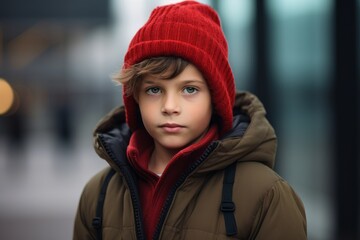 Portrait of a boy in a red hat and coat on the street.