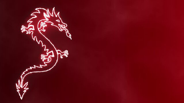 Glowing red dragon on gradient red smoky background. Chinese new year dragon animation with free space on the right. .