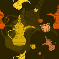 Editable Flat Monochrome Dallah Coffee Pots and Finjan Cups Vector Illustration Seamless Pattern With Dark Background for Arab Culture Tradition Cafe and Islamic Moments Related Design