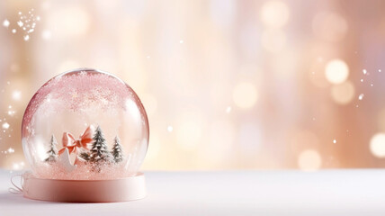 Peach Fuzz Christmas snow globe with wintry scene. Magical snow globe with trees on winter. Peach Fuzz color of the year 2024. - obrazy, fototapety, plakaty