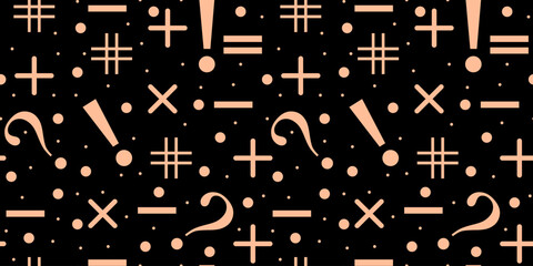 Seamless pattern with Trendy Punctuation marks isolated black background. Avant-garde peach fuzz ornament. Vector illustration can used wallpaper, textile, bed linen print. Modern backdrop.