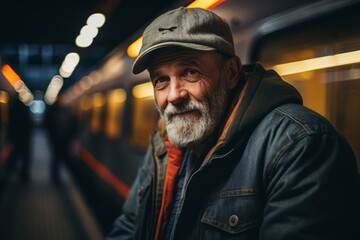 Portrait of an old man with a gray beard in a cap and jeans jacket on a subway station.
