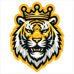 Tiger head logo design , tiger head , head tiger , tiger crown head , Yellow tiger wearing crown head mascot illustration 