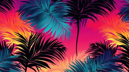 Fototapeta na wymiar The palm tree pattern is a seamless design featuring vibrant tropical leaves, reminiscent of the iconic aesthetics from Vice City and the retro 80s era