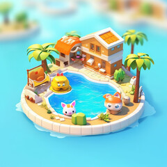 Fototapeta premium miniature, Super cute clay world Summer villa pool isometric view cute clay freeze frame, AI Generated
