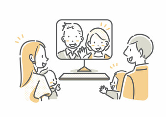 高齢の両親とのテレビ電話を楽しむ若い夫婦と子供たち　シンプルでお洒落な線画イラスト