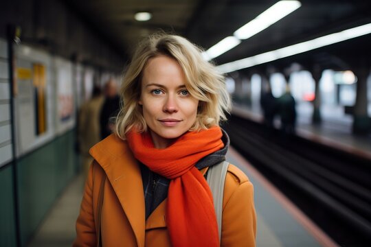 Portrait of a young woman in an underground train station (color toned image)