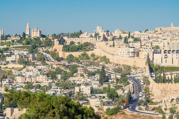 View of Dormition Abbey - Hagia Maria, Christian church on top of Mount Zion, Jerusalem, Israel