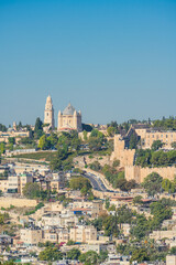 View of Dormition Abbey - Hagia Maria, Christian church on top of Mount Zion, Jerusalem, Israel