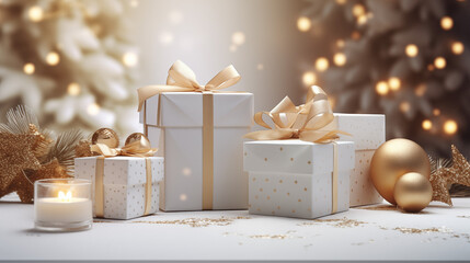 New year&rsquo;s gifts in white wrapping with gold bows on a white table. Gold balls, garlands and lights add festivity. Close-up, frontal view, light background.