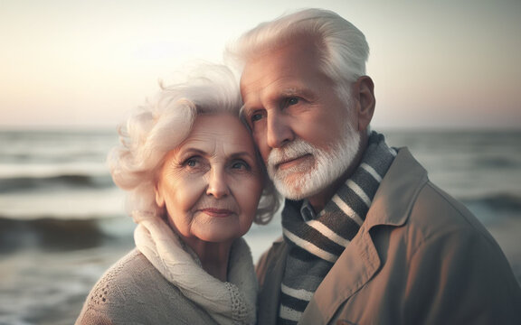 elderly couple Happily embracing each other by the sea The concept of love until old age healthy old people romantic