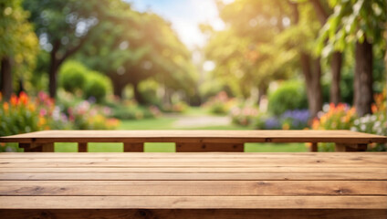 empty wooden desk with blurred background of garden