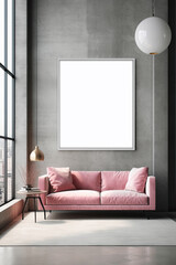 Mockup of empty wall frame on gray wall in living room interior with modern furniture, AI Generated