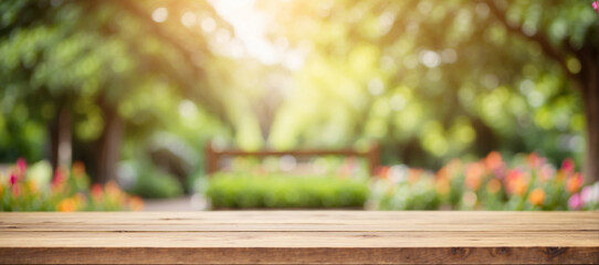 empty wooden desk with blurred background of garden