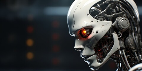 A detailed digital rendering of a robot head with visible internal mechanisms, evoking themes of advanced robotics and AI.