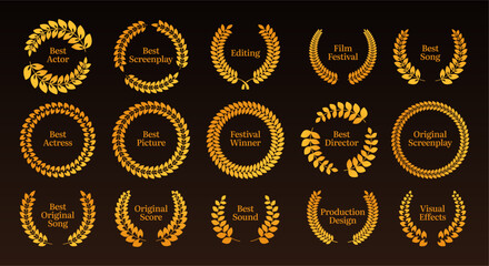 Nomination wreath. Cartoon festival laurel branches for best director and actor award, hollywood cinema premiere decoration. Vector illustration of nomination laurel film wreath - obrazy, fototapety, plakaty