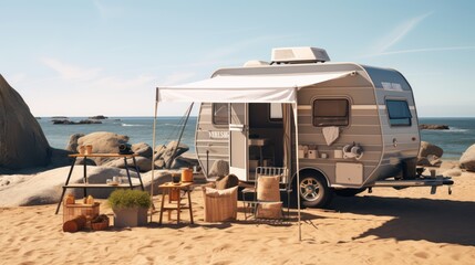 A Top Summer poster banner template for promotion with stone display stand and beach background, camping car and seaside recreation equipment.