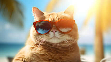 Fat cat wears glasses and sits on the beach in summer.
