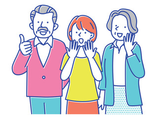 喜んでいるシニア夫婦と娘の3人のイラスト
