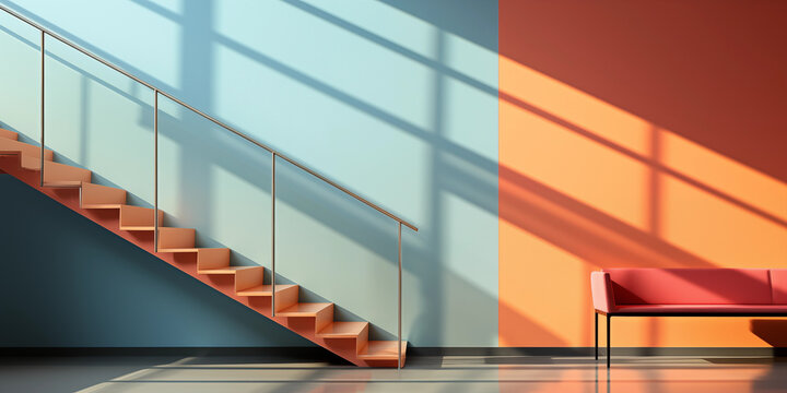 Leuchtende bunte Farben an der Wand in einem gro&szlig;en Raum mit einer Treppe im Querformat f&uuml;r Banner, ai generativ