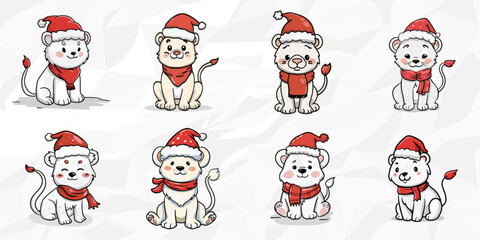 Winterliche Schneelöwen: Lineart Vektorgrafik-Bundle von Schneelöwen mit Mütze und Schal