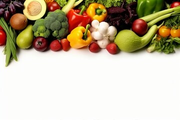 Healthy food background studio photography of different fruits and vegetables isolated on white background. Close up. Copy space. generative ai.