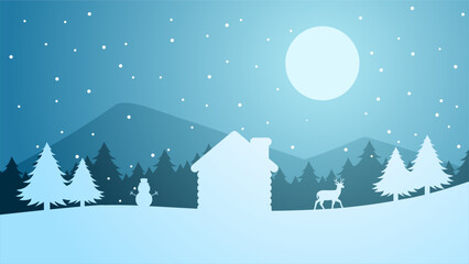 Fototapeta na wymiar Winter silhouette landscape vector illustration. Scenery of reindeer, cabin and pine forest silhouette at winter night. Cold season landscape for illustration, background or wallpaper