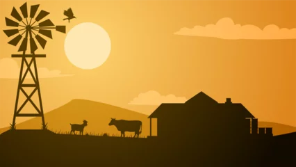 Foto op Plexiglas Farmland silhouette landscape vector illustration. Scenery of livestock cow and goat in the countryside farm. Rural landscape for illustration, background or wallpaper © Moleng