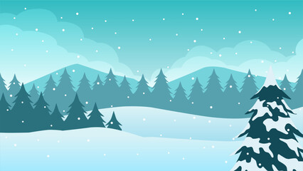 Winter pine forest landscape vector illustration. Scenery of snow covered coniferous in cold season. Snowy pine forest landscape for background, wallpaper or illustration