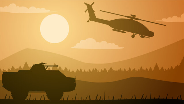 Military landscape vector illustration. Silhouette of military vehicle and attack helicopter in training field. Military landscape for background, wallpaper or illustration