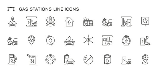 Gas station line icons. Fuel dispenser with price, petrol pump with electric charge and diesel canister. Vector petrol and diesel fuel station set of gas, line station energy illustration - obrazy, fototapety, plakaty