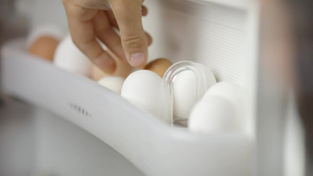 Hand takes white egg from fridge