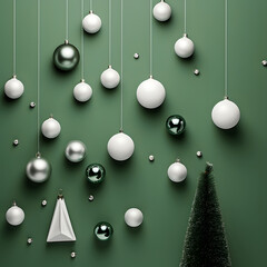 Emerald flat lay christmas decoration, silver and white ornament.