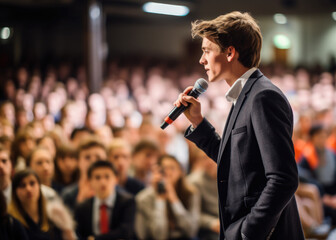 Photo of a teenager speaking at a school event on social issues.