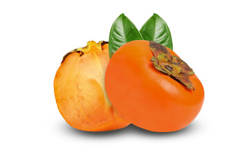 ripe persimmons with green leaf isolated on transparent