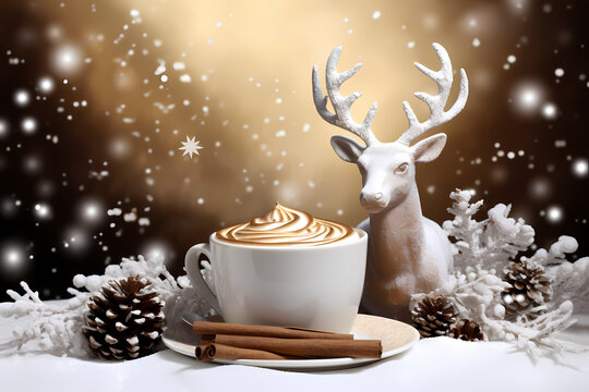 christmas deer with a cup of coffeePresent gift box on the snow under the Christmas tree. Christmas reindeer in winter forest. New year celebration holiday concept. Ai generative
