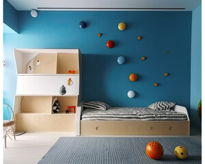 Modern Clean Contemporary White and Blue Kids room Interior Design, AI Generated