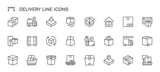 Delivery line icons. Outline shipping delivery related symbols for cargo transport, courier shipping, logistic warehouse concept. Vector set of delivery shipping outline illustration