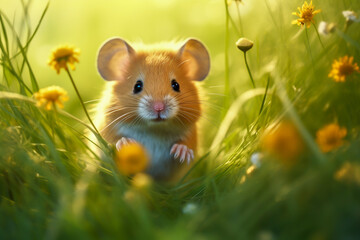 Cute tiny mouse peeks out between blades of grass and flowers. Adorable curious fairy tale character. Shallow depth of fields, blurred soft background with copy space. 