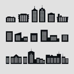 Buildings, cityscape. Set of icons of houses. Vector on the background.