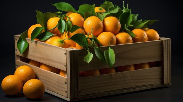 A Fresh mandalin oranges in wooden crates, on isolated background, water droplets on the surface, fresh harvest concept.
