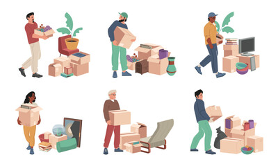 Family relocation with boxes. Packing and moving service with boxes and crates, family members moving with stuff and piles of boxes. Vector illustration. Female and male characters carrying things