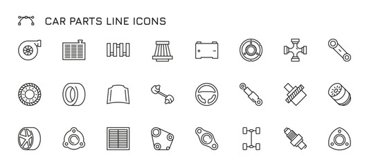 Car parts line icons. Black outline automobile engine parts, automobile transmission and engine parts, car alternator, washer and oil. Vector flat set. Vehicle maintenance and repairing - obrazy, fototapety, plakaty